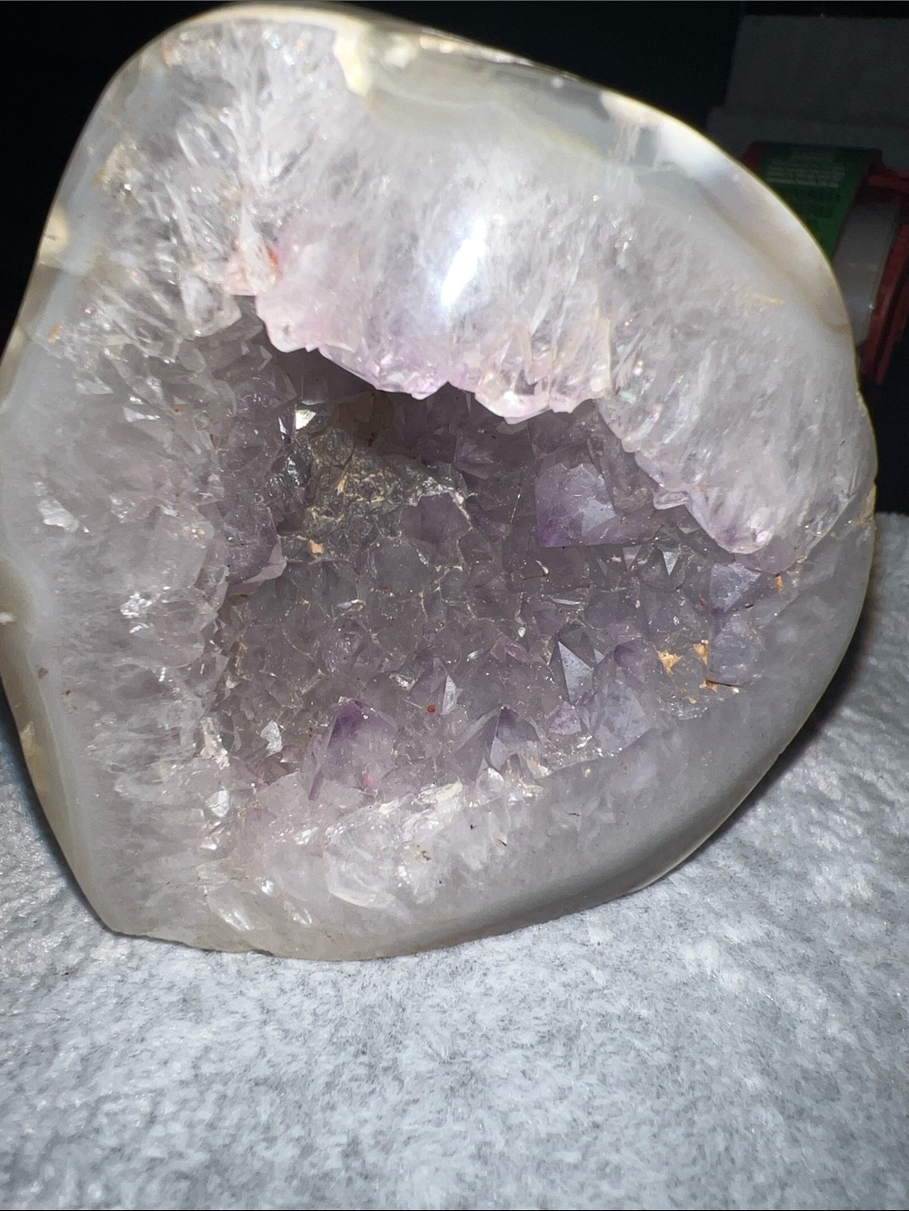 Amethyst Crystal Geode Display - Pale Purple with orca agate shell